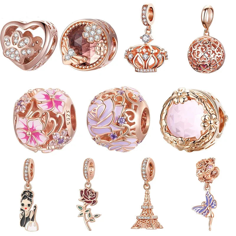 925 Sterling Silver Rose Gold Flower & Tower Heart Charm