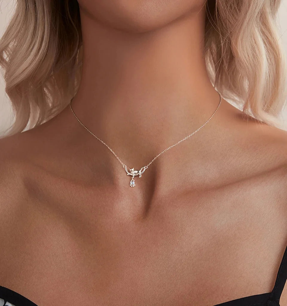 925 Sterling Silver Moonstone Cat Necklace