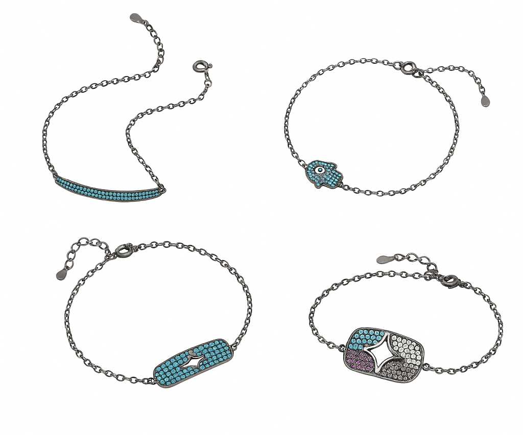 925 Sterling Silver Turquoise & CZ Stars Link Chain Bracelet