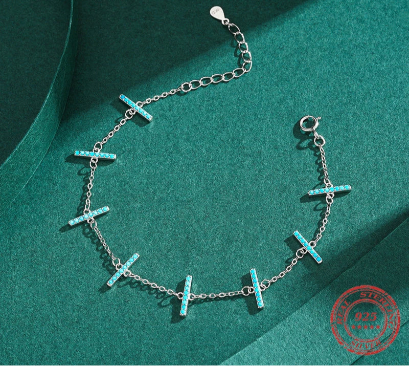 925 Sterling Silver Turquoise Link Chain Bracelet