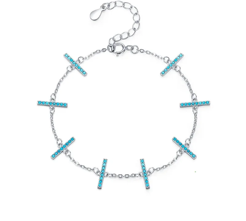 925 Sterling Silver Turquoise Link Chain Bracelet