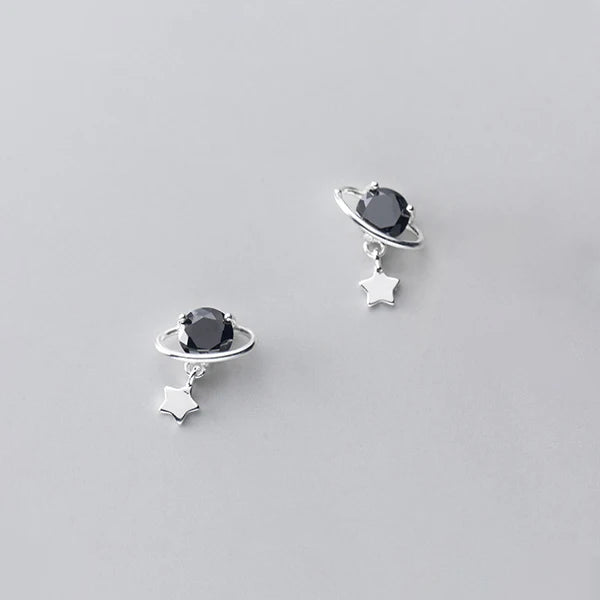 925 Sterling Silver Black Crystal Planet Stud Earrings