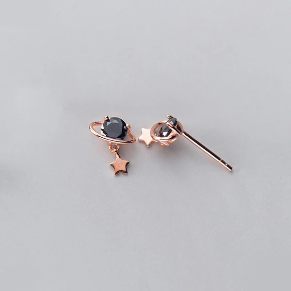 925 Sterling Silver Black Crystal Planet Stud Earrings