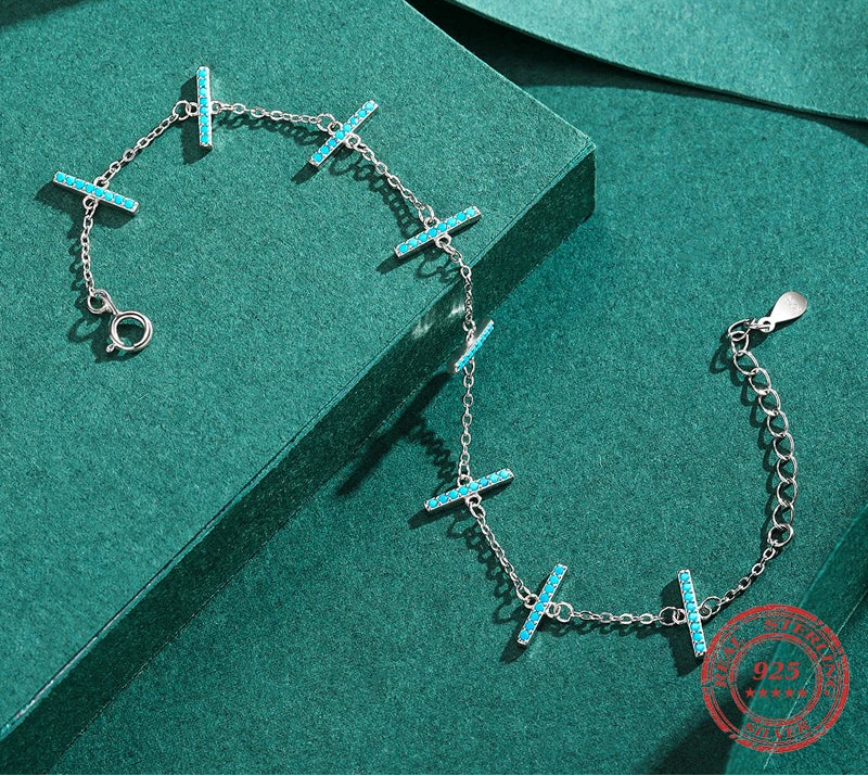 925 Sterling Silver Turquoise Link Chain Bracelet