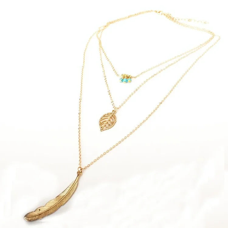 Bohemian Gold Multi-Layer Feather & Coin Pendant Tassel Choker Necklace