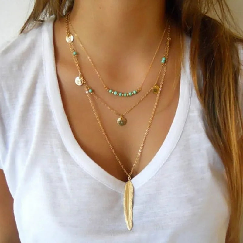 Bohemian Gold Multi-Layer Feather & Coin Pendant Tassel Choker Necklace