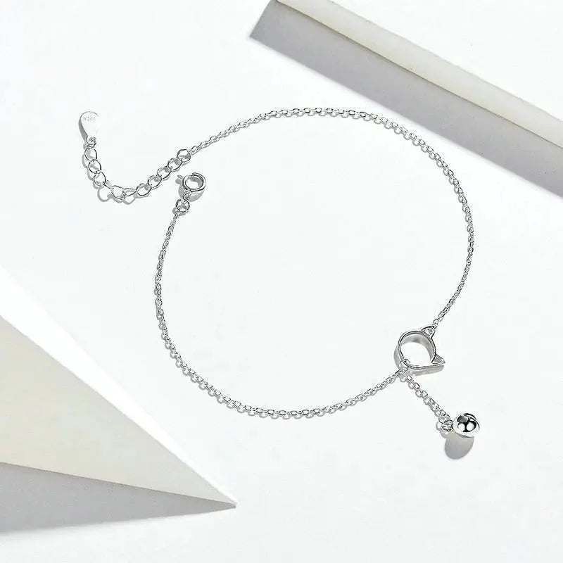 925 Sterling Silver Cat & Bell Anklet