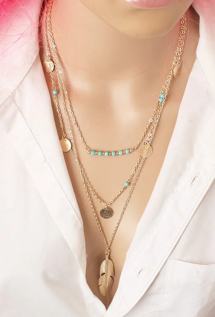 Bohemian Gold Multi-Layer Feather & Coin Pendant Tassel Choker Necklace