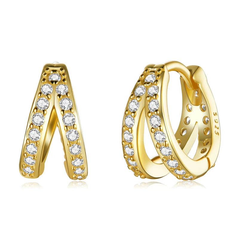 925 Sterling Silver Double Ring CZ Hoop Earrings