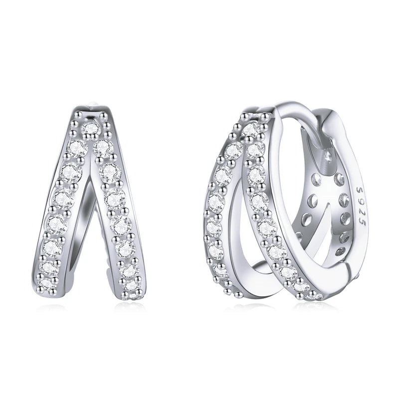 925 Sterling Silver Double Ring CZ Hoop Earrings