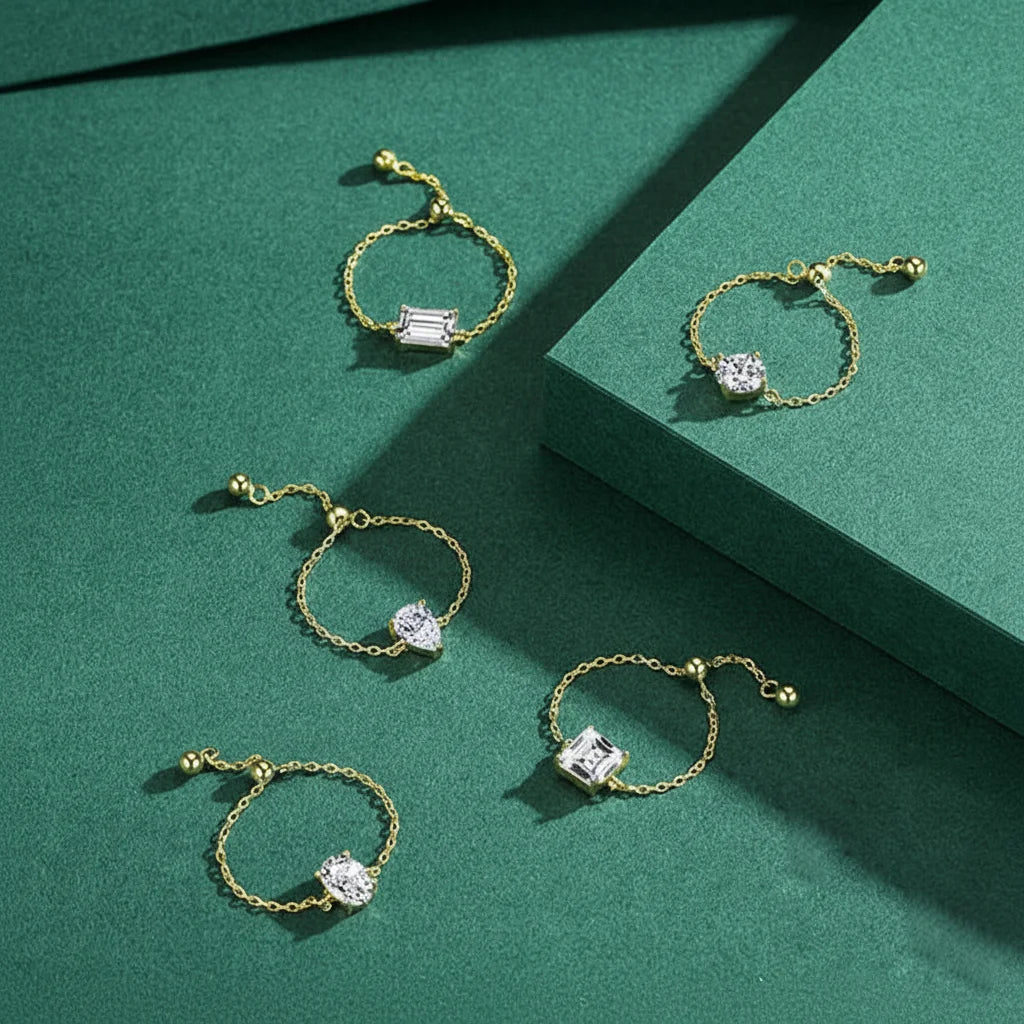 925 Sterling Silver Clear CZ Adjustable Link Chain Ring