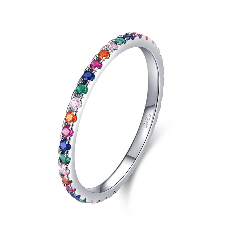 925 Sterling Silver Rainbow CZ Stackable Slim Ring