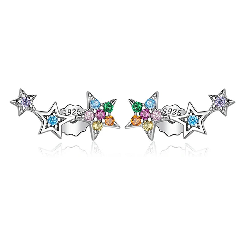 925 Sterling Silver Rainbow Crystal Star Stud Earrings