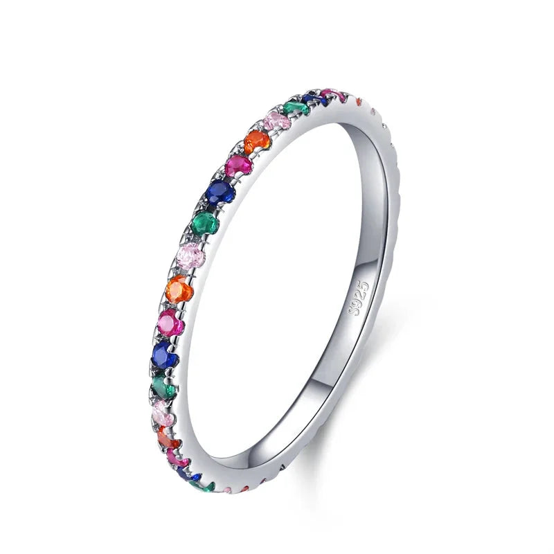 925 Sterling Silver Rainbow CZ Stackable Slim Ring