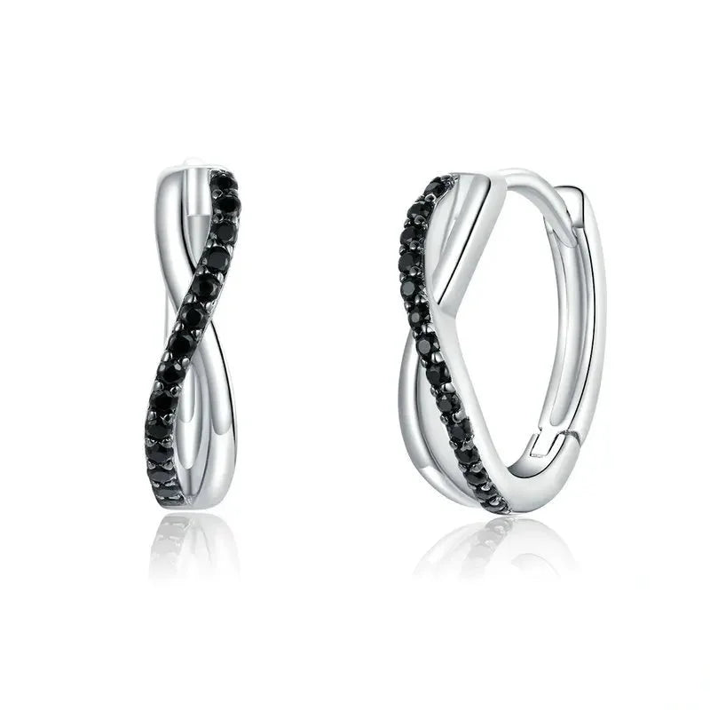 925 Sterling Silver Black CZ Cross Hoop Earrings