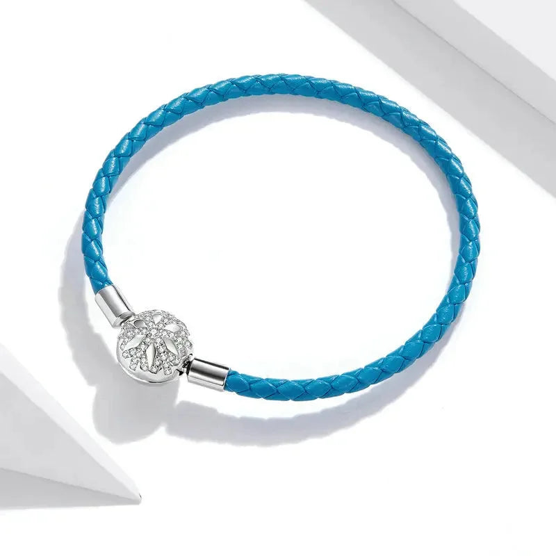 925 Sterling Silver Snowflake Clip Blue Leather Charm Bracelet