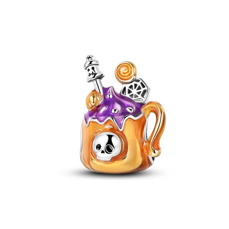925 Sterling Silver Halloween Pumpkin & Skull Charm Bead