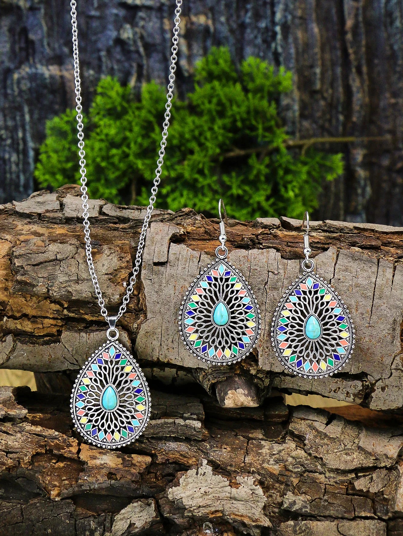 Bohemian Colored Glaze Necklace & Earrings Set