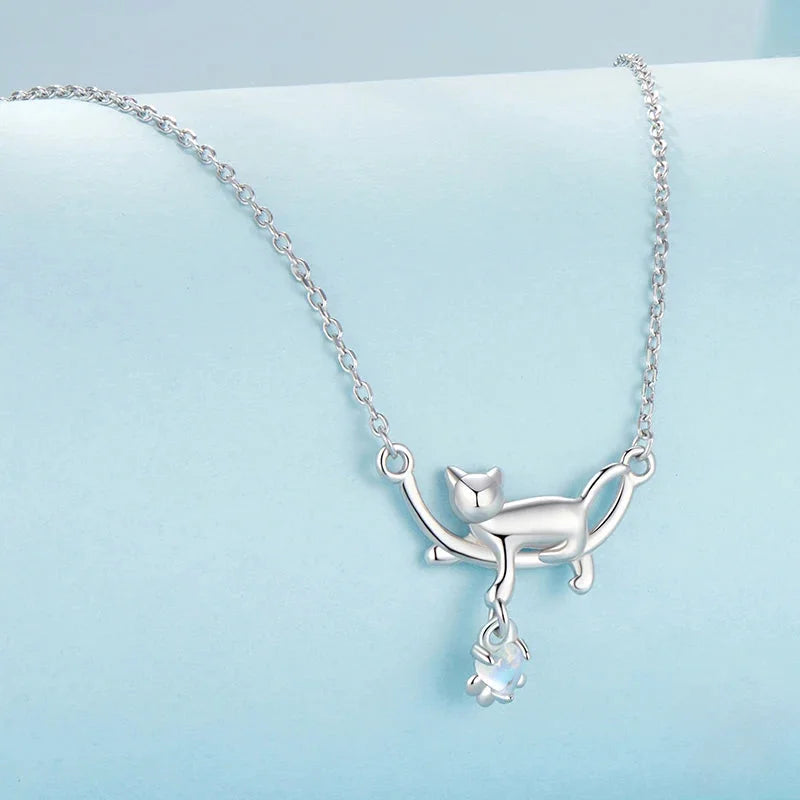 925 Sterling Silver Moonstone Cat Necklace