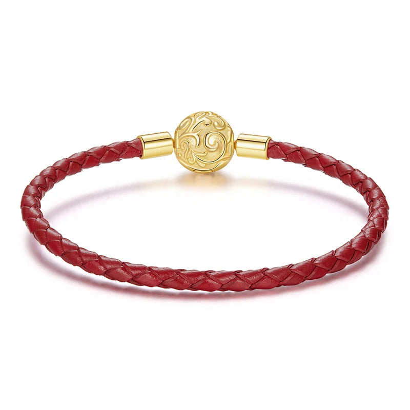 925 Sterling Silver Retro Scroll Red Rope Leather Bracelet