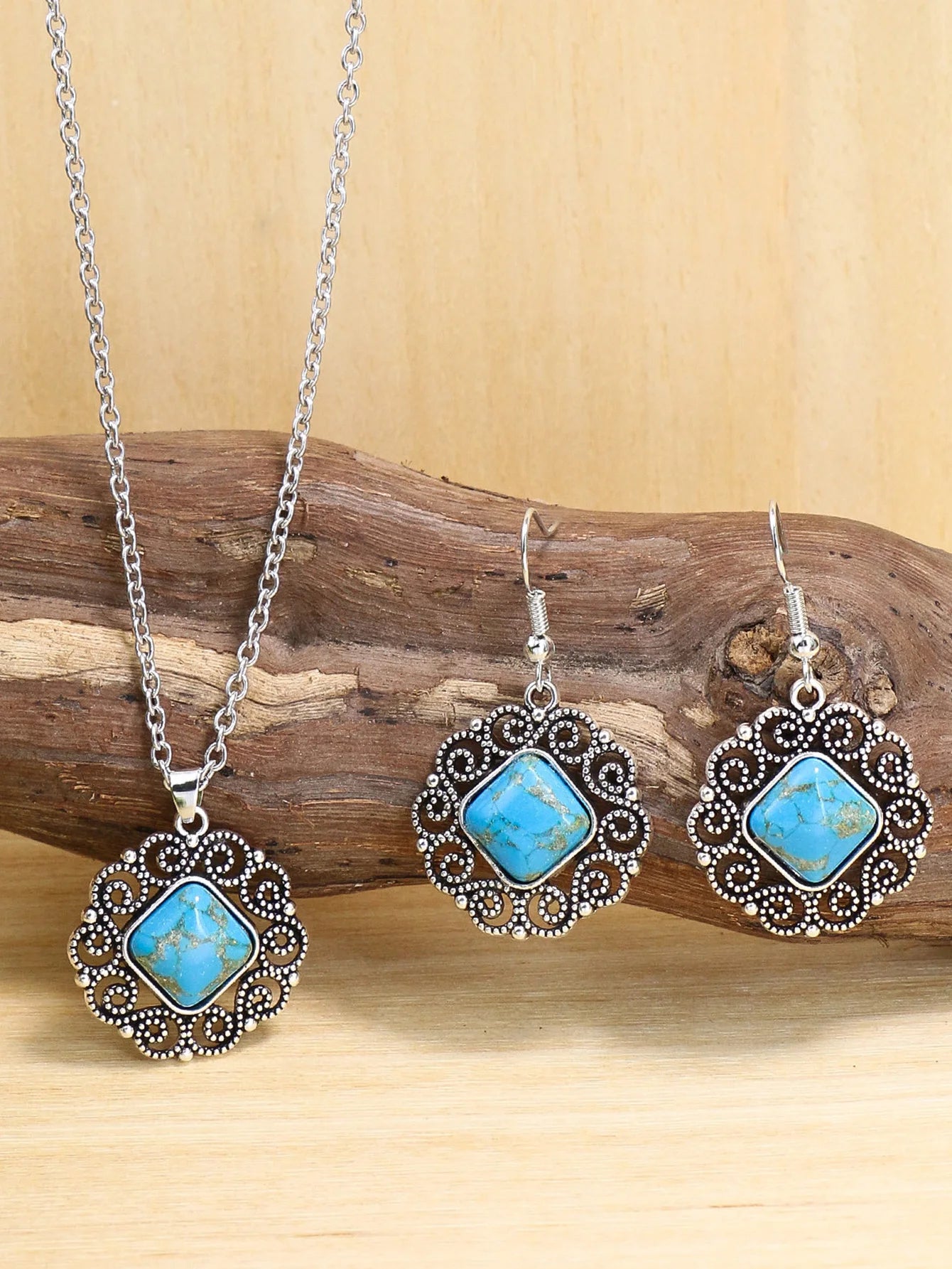 Classic Silver Geometric Stone Necklace & Earrings Set