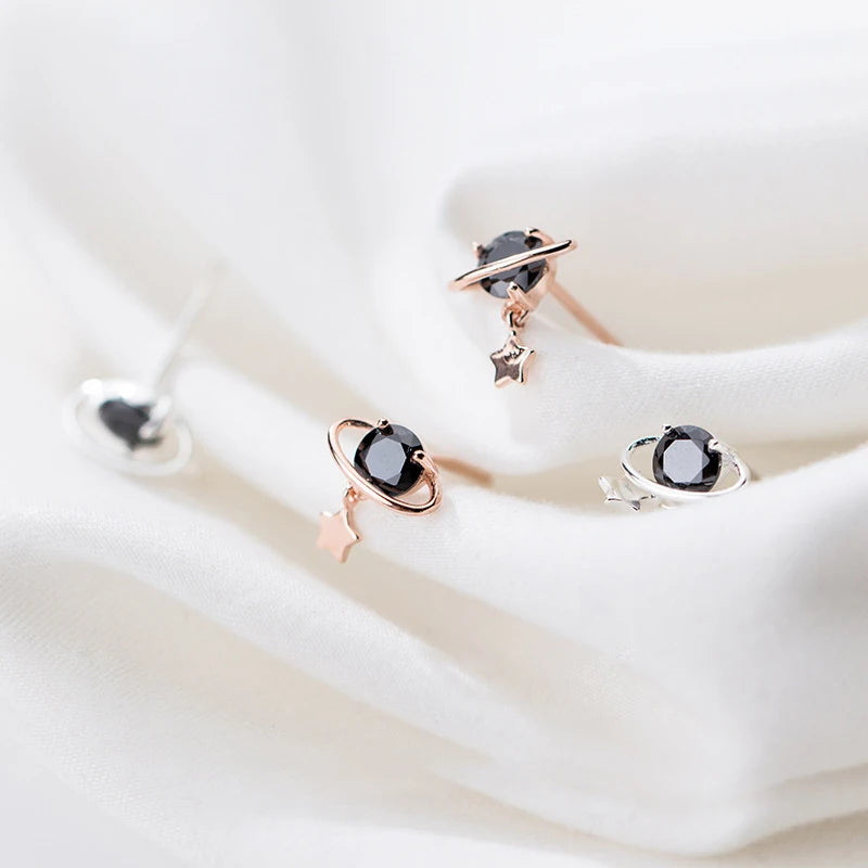 925 Sterling Silver Black Crystal Planet Stud Earrings