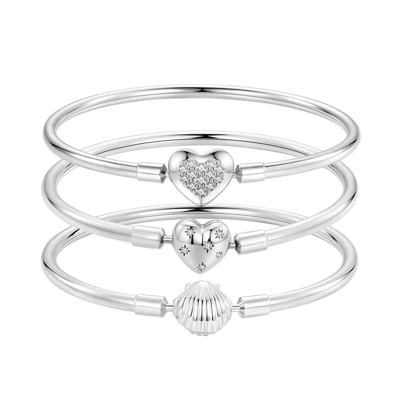 925 Sterling Silver Glossy Heart & Shell Clasp Bangle Bracelet