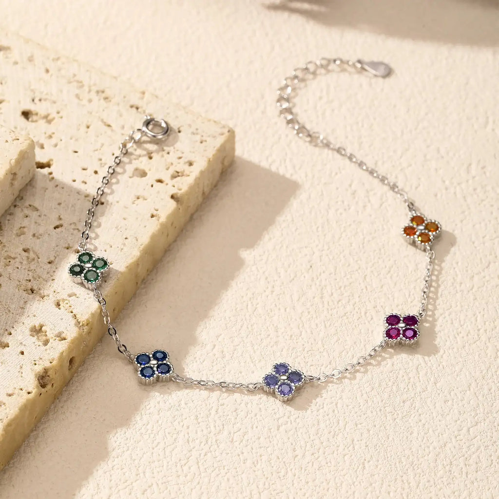 925 Sterling Silver Four-Leaf Clover Colorful CZ Bracelet