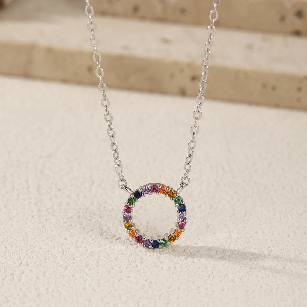 925 Sterling Silver Colorful CZ Circle Pendant Necklace