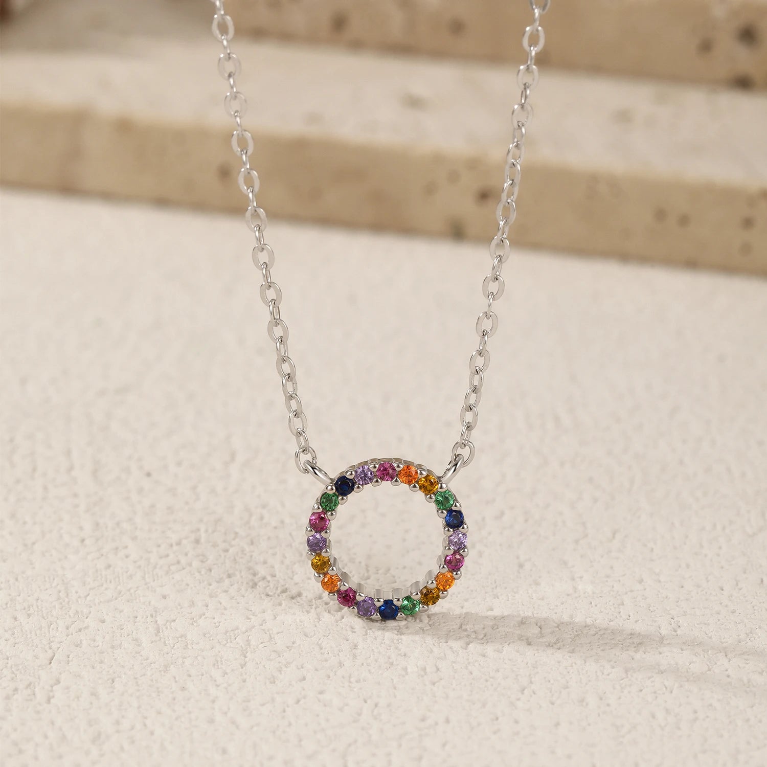 925 Sterling Silver Colorful CZ Circle Pendant Necklace