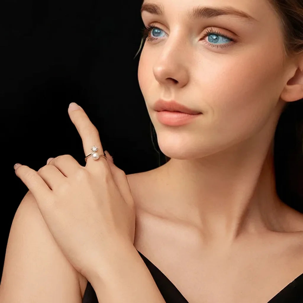 925 Sterling Silver Freshwater Pearl & Moissanite Open Ring