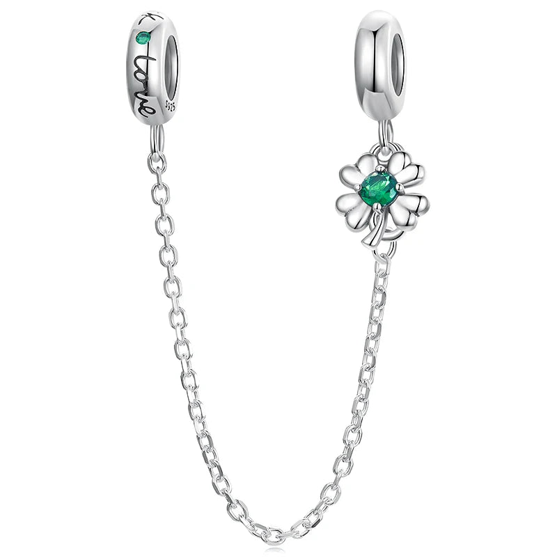 925 Sterling Silver Four-Leaf Clover Safety Chain Charm
