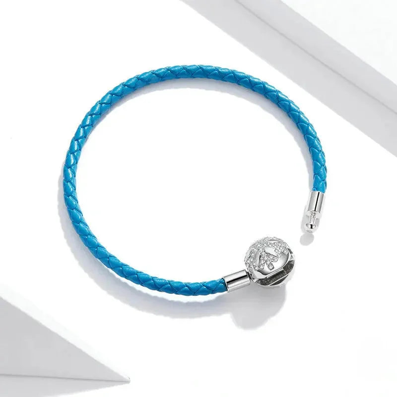 925 Sterling Silver Snowflake Clip Blue Leather Charm Bracelet
