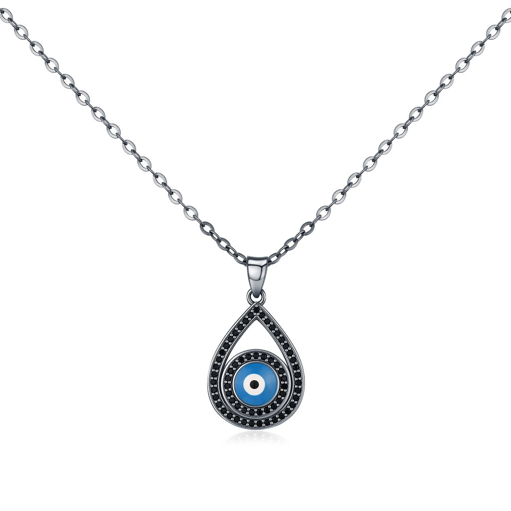 925 Sterling Silver Black Zirconia Water Drop Eye Necklace