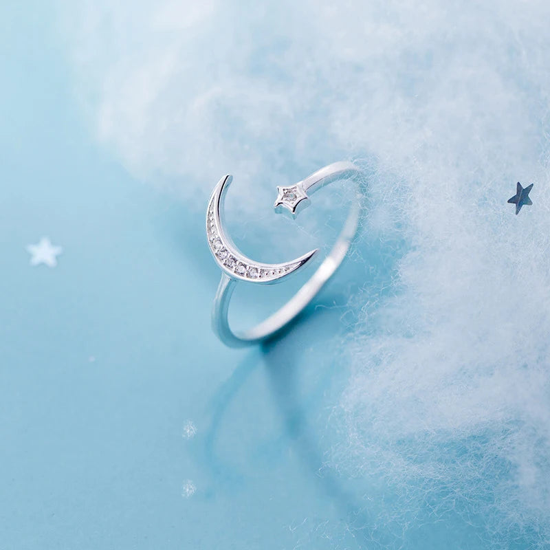 925 Sterling Silver Star & Moon Zircon Slim Ring