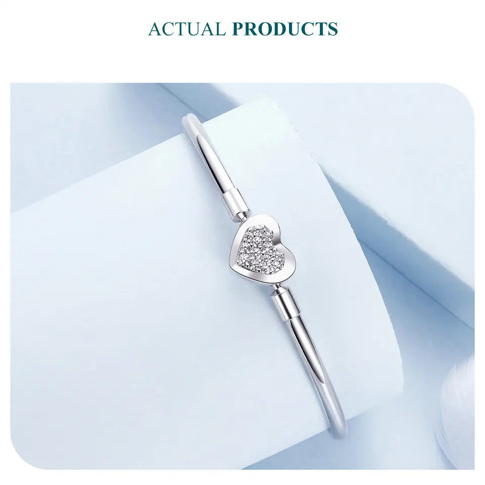 925 Sterling Silver Glossy Heart & Shell Clasp Bangle Bracelet