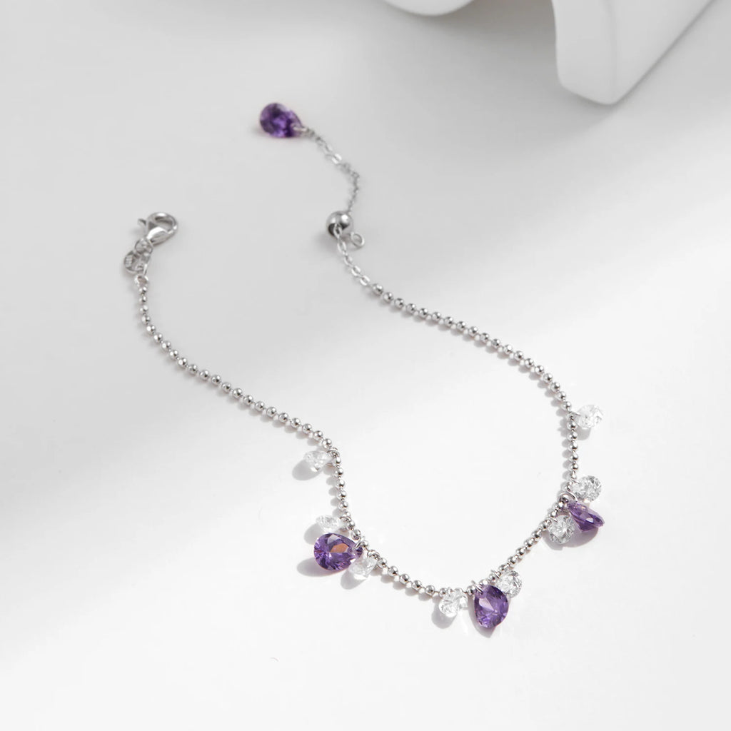 925 Sterling Silver Purple Zirconia Water Drop Bead Bracelet