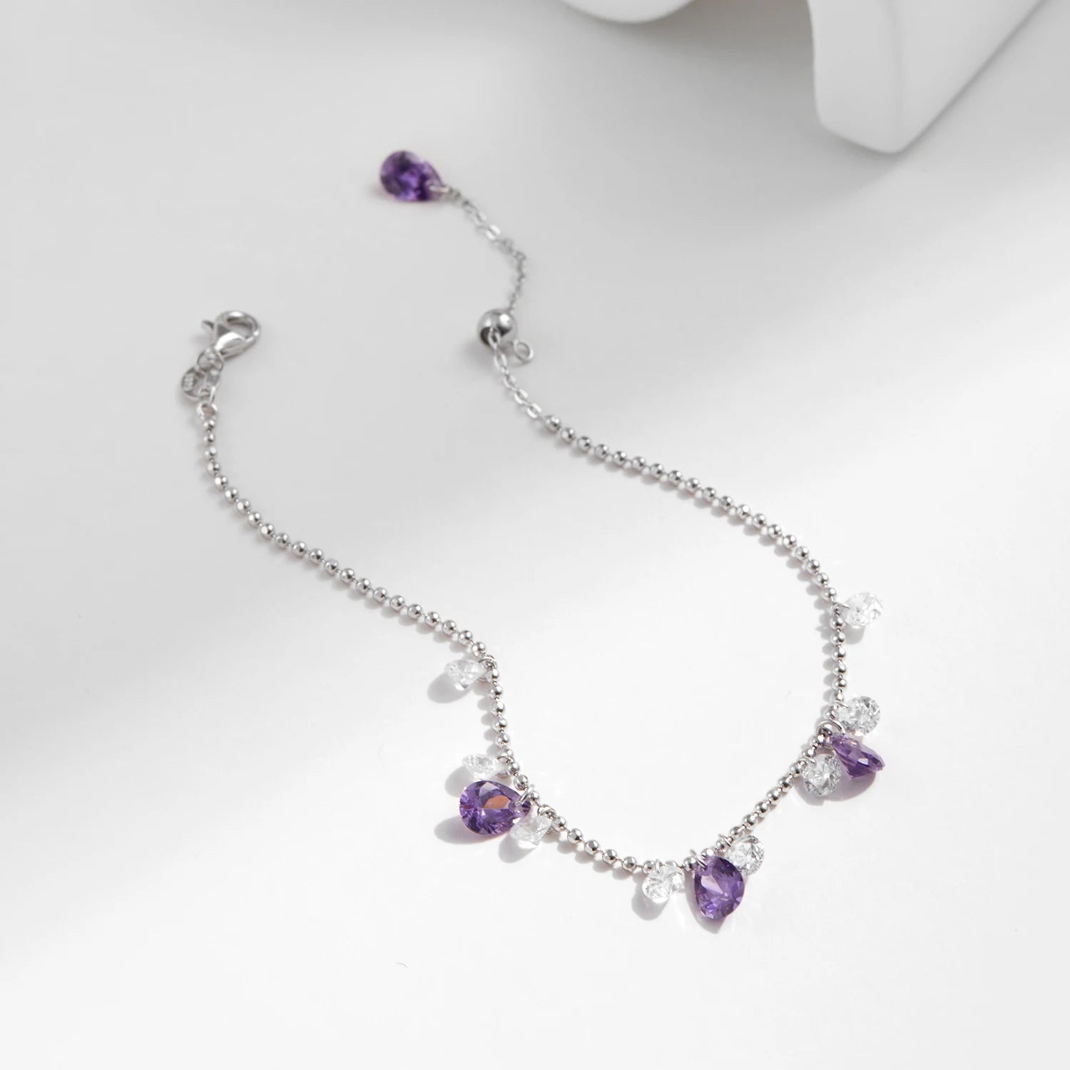 925 Sterling Silver Purple Zirconia Water Drop Bead Bracelet