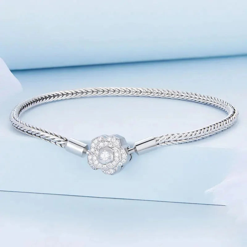 925 Sterling Silver Rose Buckle Snake Chain Charm Bracelet