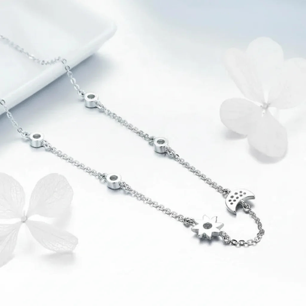 925 Sterling Silver Sparkling Moon and Star Necklace