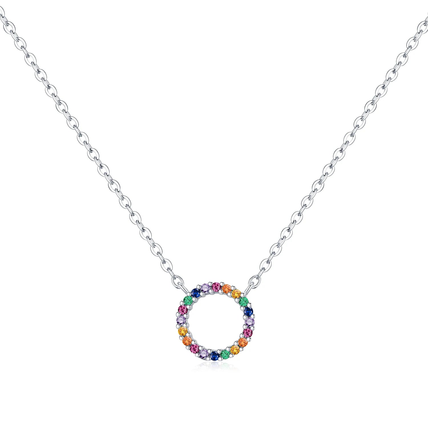 925 Sterling Silver Colorful CZ Circle Pendant Necklace