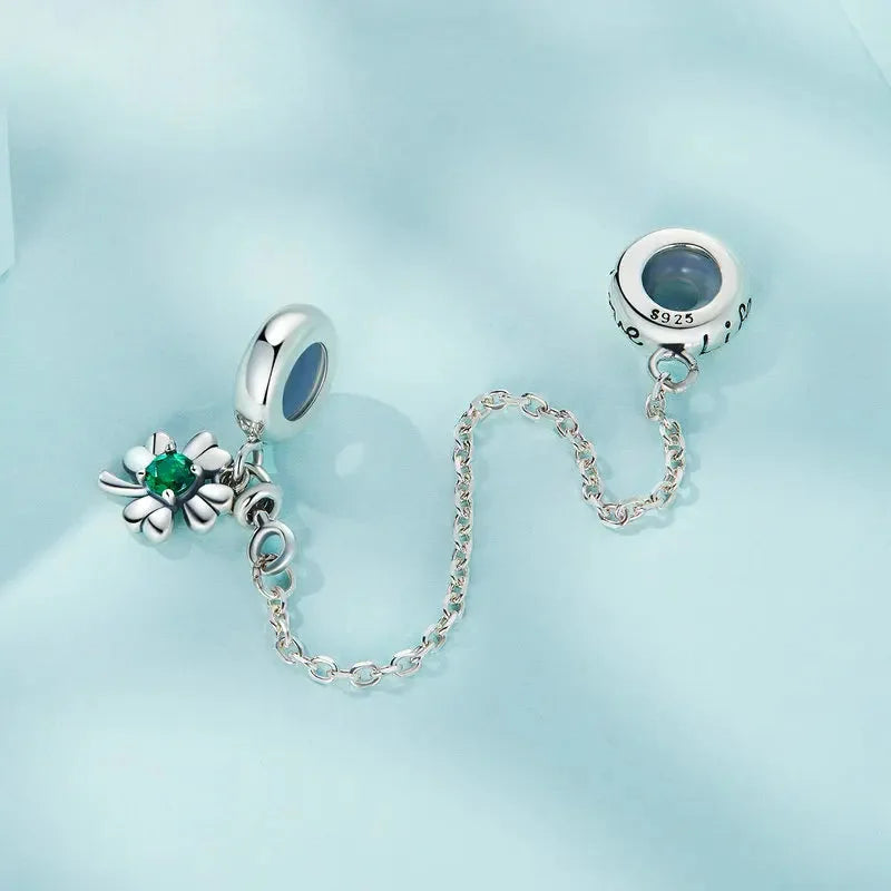 925 Sterling Silver Four-Leaf Clover Safety Chain Charm