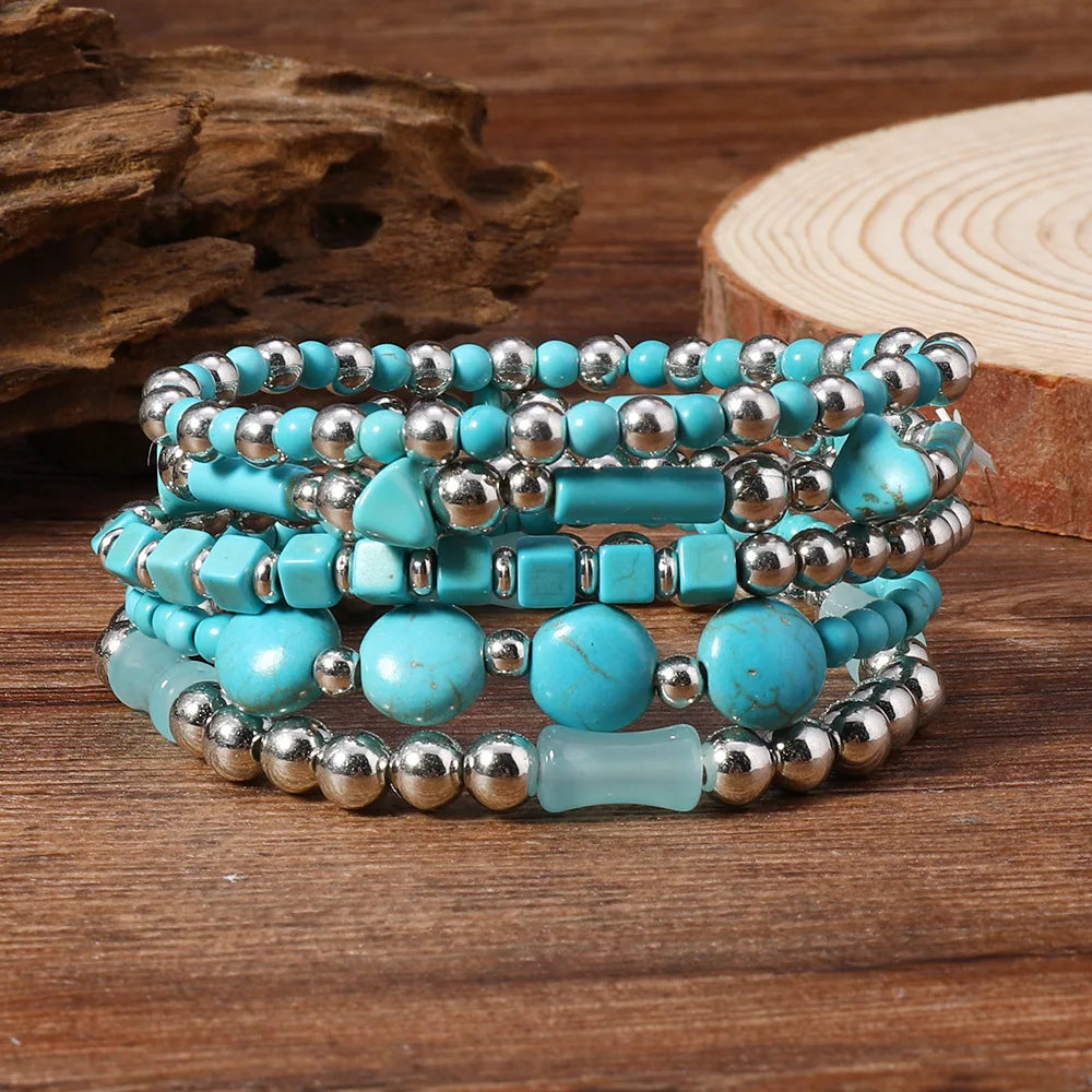 Boho Turquoise & Silver Beaded Wrap Bracelet Set for Women