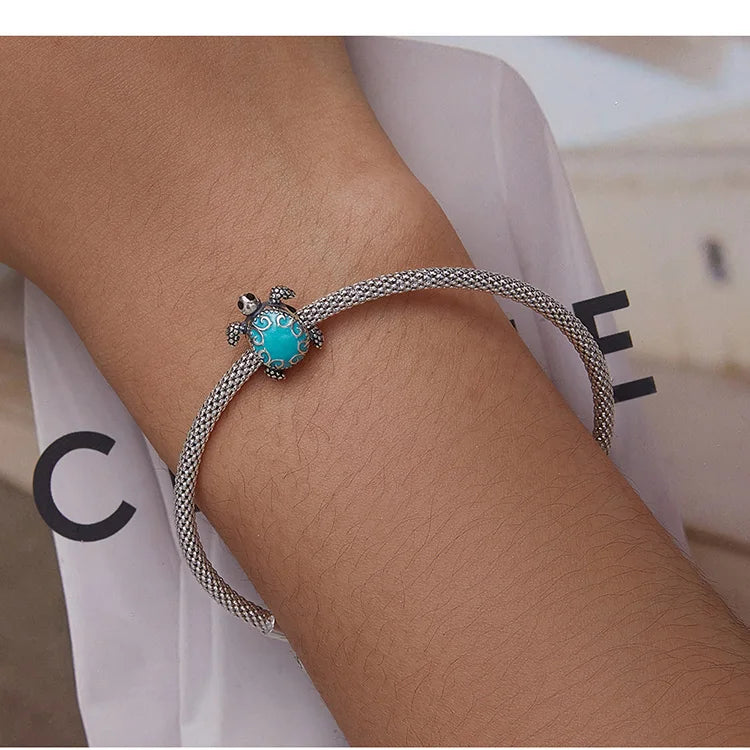 925 Sterling Silver Ocean Conch & Green Turtle Charm