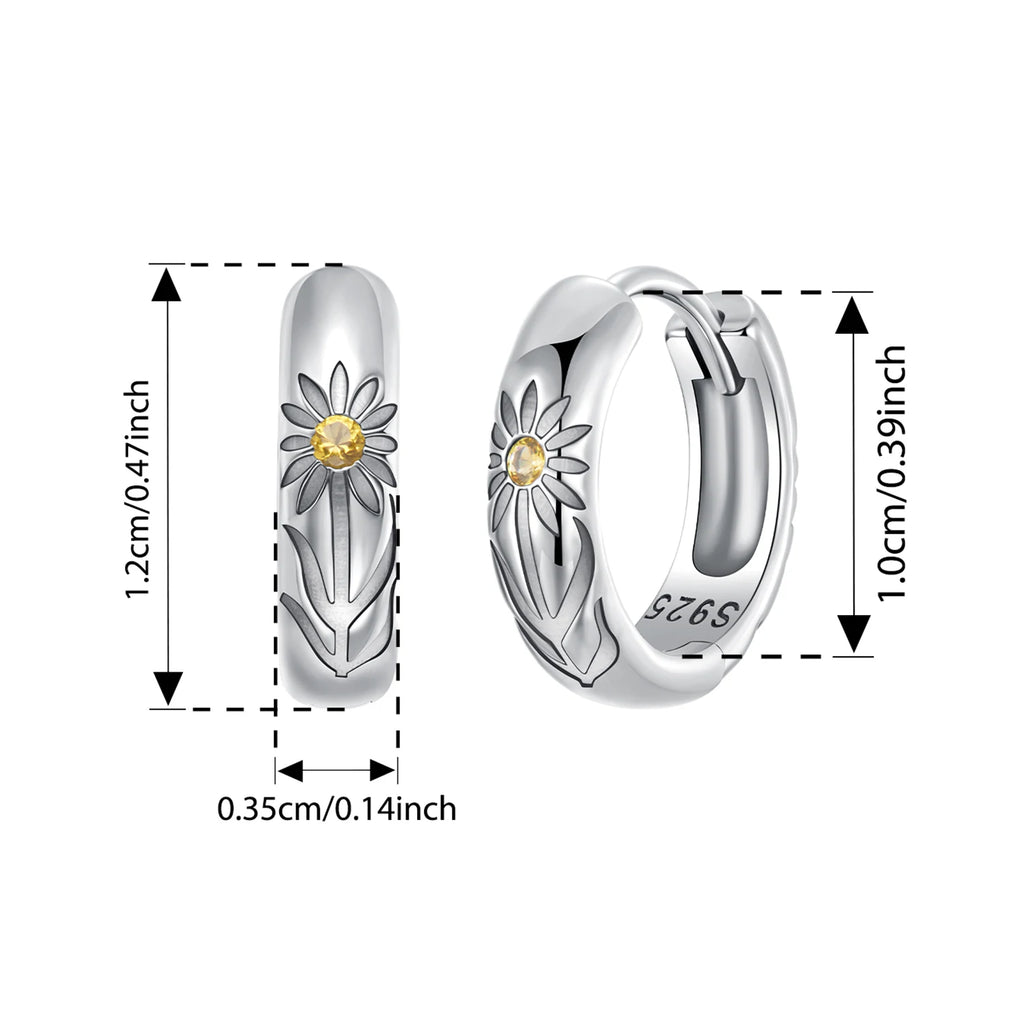 925 Sterling Silver Yellow Sunflower Hoop Earrings