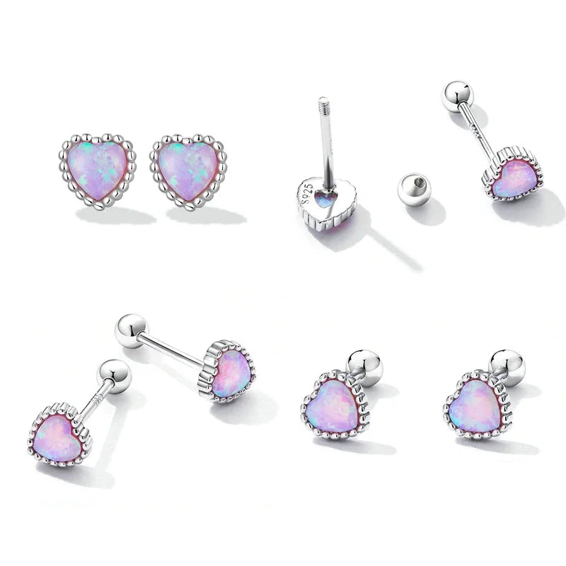 925 Sterling Silver Pink Opal Heart Jewelry Set