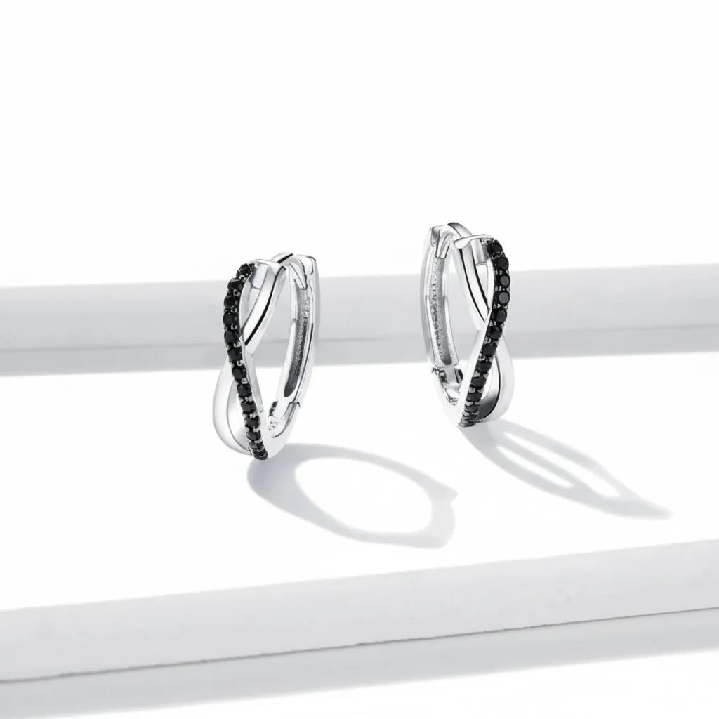925 Sterling Silver Black CZ Cross Hoop Earrings