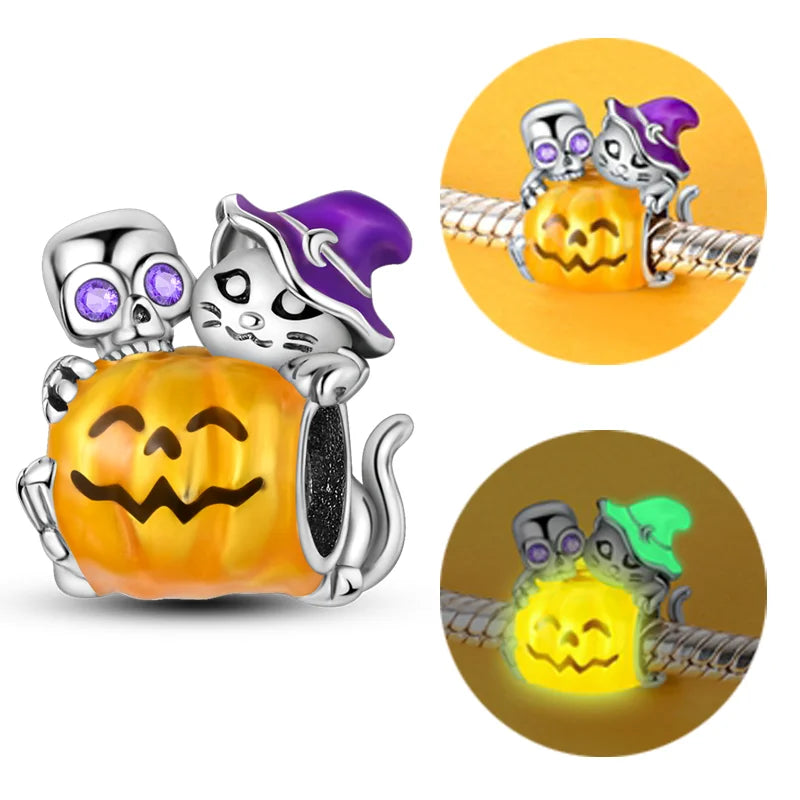 925 Sterling Silver Halloween Pumpkin & Skull Charm Bead