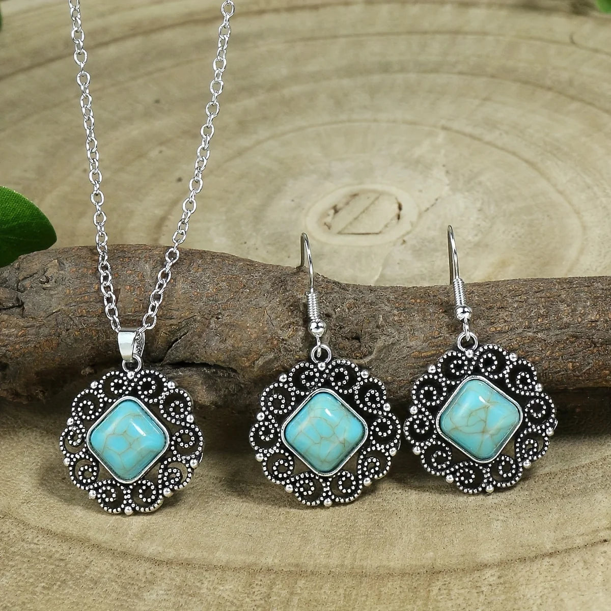 Classic Silver Geometric Stone Necklace & Earrings Set