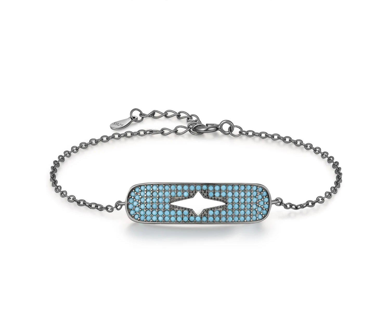 925 Sterling Silver Turquoise & CZ Stars Link Chain Bracelet